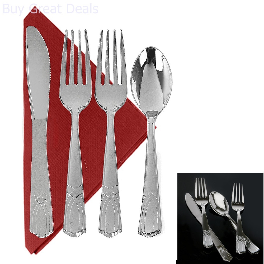 REUSABLE PLASTIC METALLIC CUTLERY SET PARTY FORKS SPOONS 48 RED DISPOSABLE