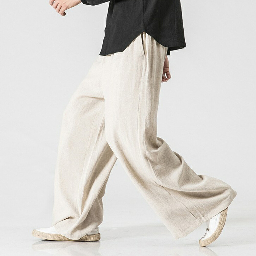 Men Linen Loose Wide Leg Pocket Long Pants Bootcut Trousers