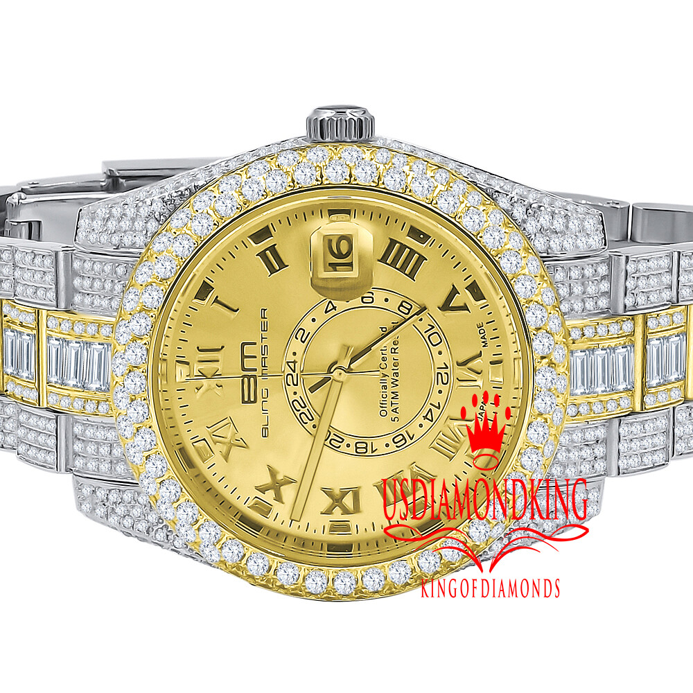 Pre-owned Bling Master Mens Full Stainless Steel 2 Tone Gold Finish Simulated Diamond Watch 42mm W/date