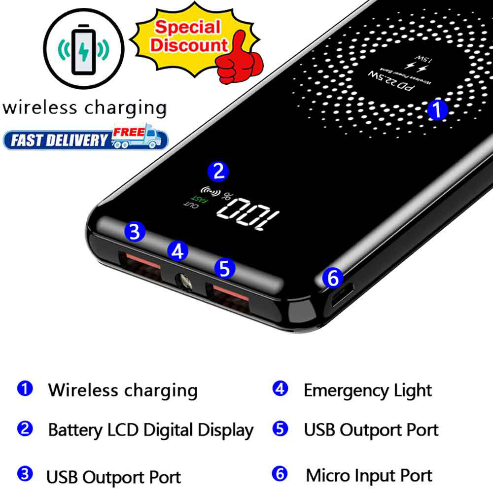 USB Wireless Power Bank Backup Fast Portable Charger Externa