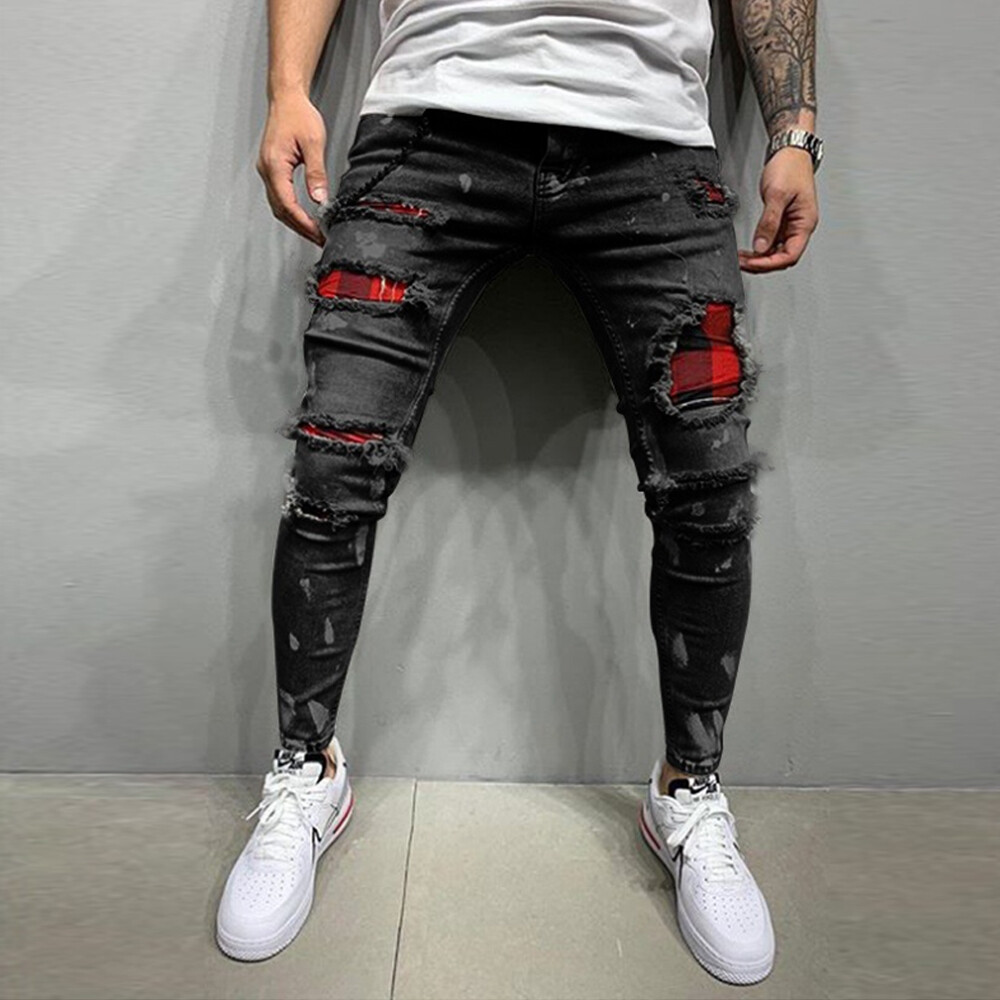 Mens Denim Biker Pants Frayed Distressed Ripped Jeans Slim Fit Stretchy Trousers