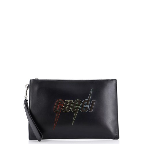 GUCCI 256076.200047 Black Grained Leather Double Zipper Clutch Bag