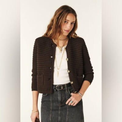 NEW Ba&sh Bash Gaspard  Tweed Cardigan Jacket in Chocolat Brown | size 0 / XS