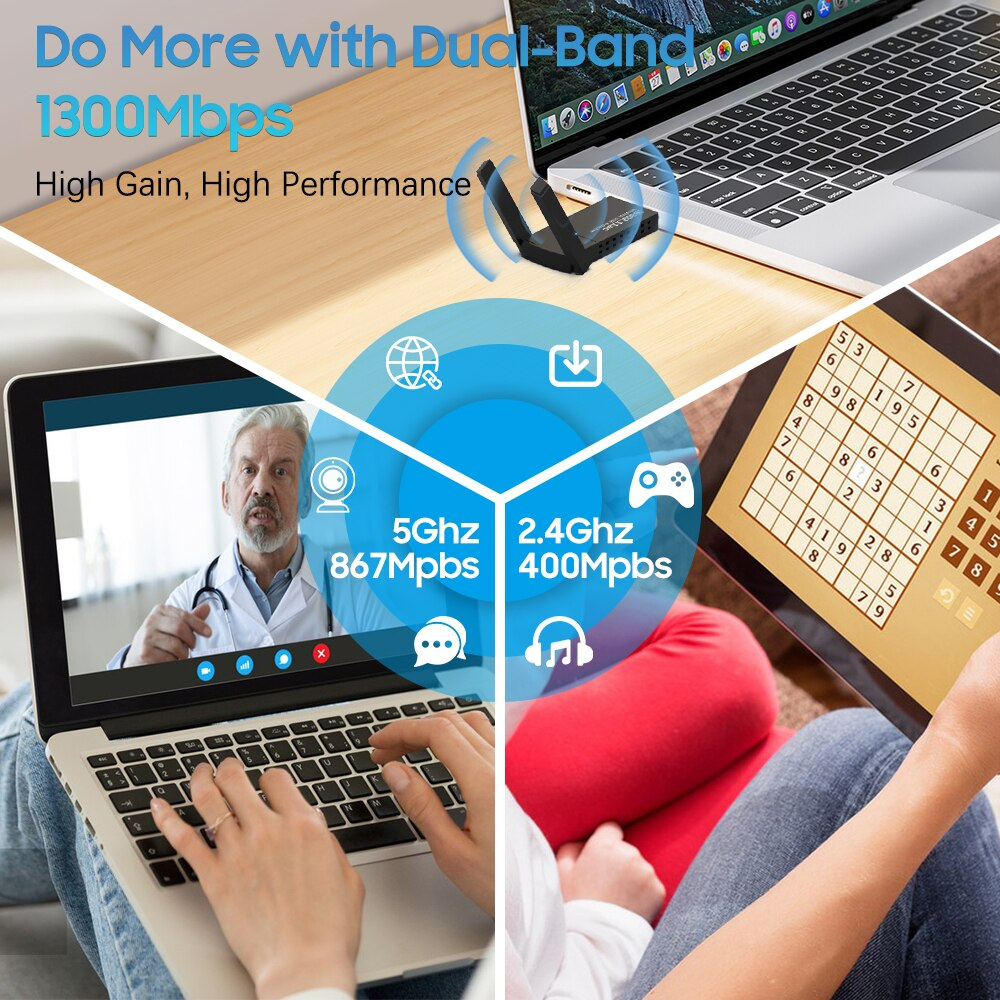 USB 3.0 Wireless WIFI Adapter 1300Mbps Long Range Dongle Dual Band Network lot