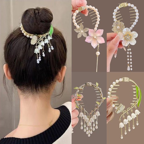 GeoGeoDIY 4x Haarspangen Mit Kristall-Blumen & Perlen - Goldfarben, Für Pferdeschwanz & Dutt, Geschenk Für Damen