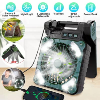 Portable Solar Power Camping Fan USB Rechargeable Variable Speed LED Tent Light