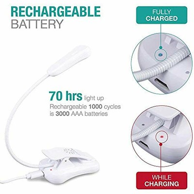 LuminoLite Rechargeable 3000K Warm &amp 6000K White LED Book Light, Easy Clip On