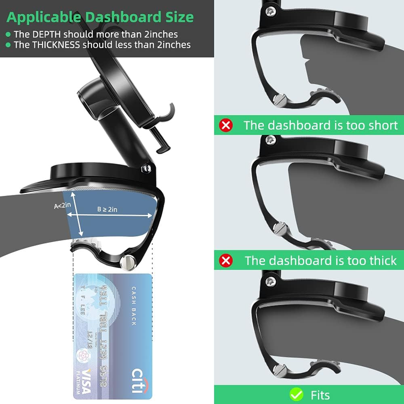 Car Phone Mount, 360 Degree Rotation Dashboard Clip Mount, Compatible with iPhon
