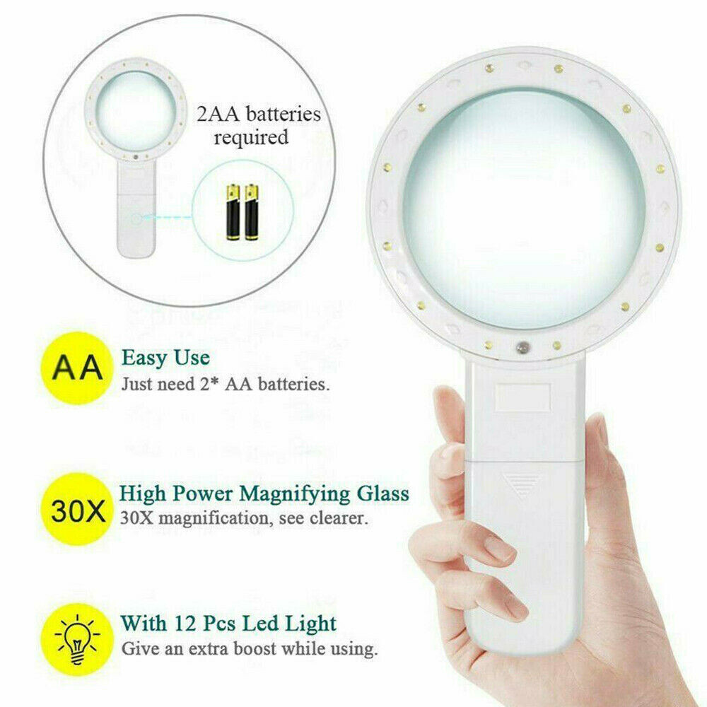 30X High Power Handheld Magnifying Glass Led Light Jumbo Illuminated