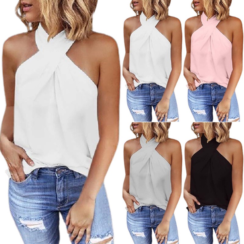 Damen Tanktop Neckholder Ärmellos Tops Rückenfrei Bluse Trägertop Urlaub T-Shirt