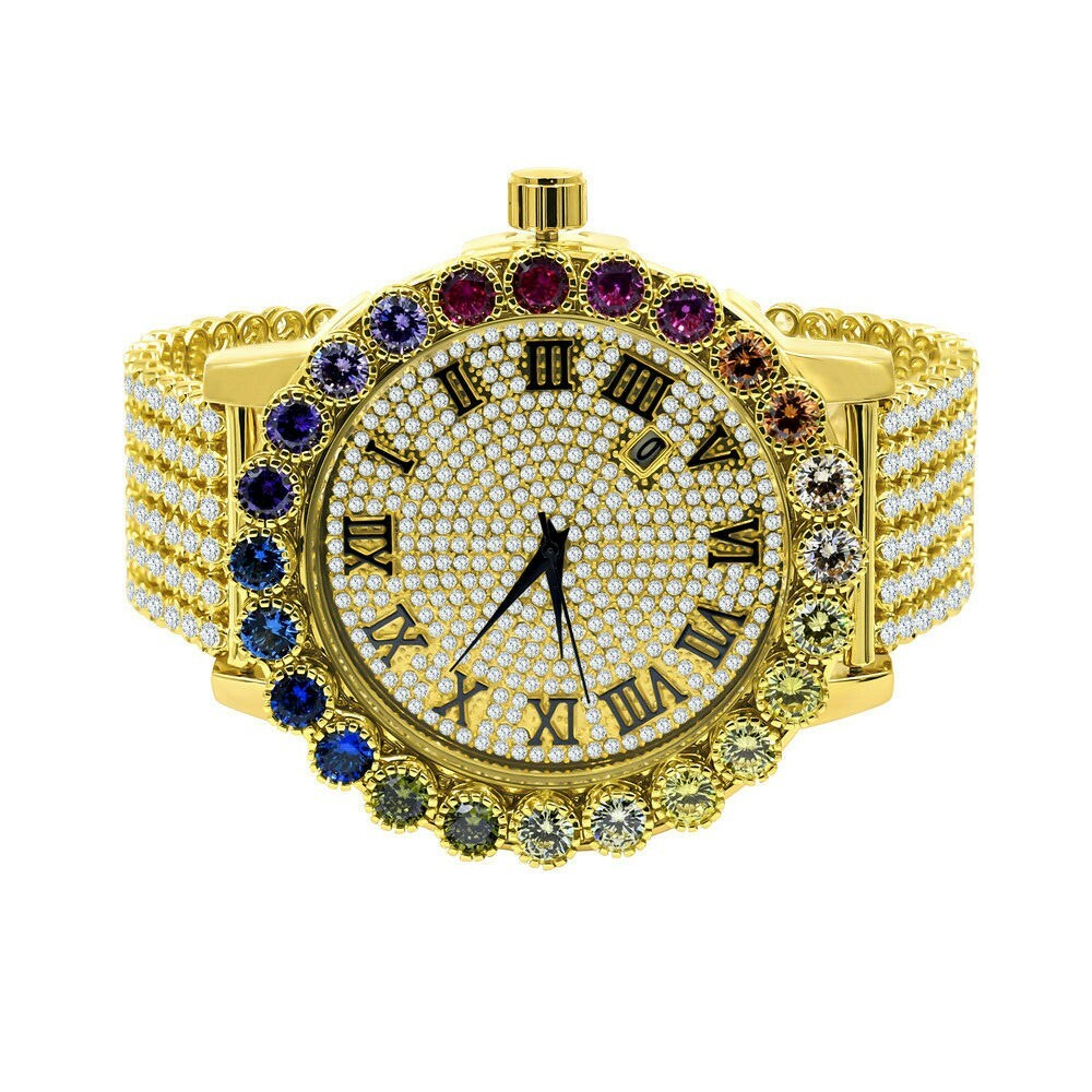 Pre-owned Ice House Rainbow Multi Tone Prong Set Custom Roman Numeral Big Xl 55mm Men's Custom Watch