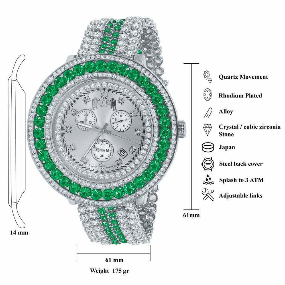 Pre-owned Ice House Mens Green Emerald Xxl Custom Watch Real Diamond Dial 18k White Gold Finish Date