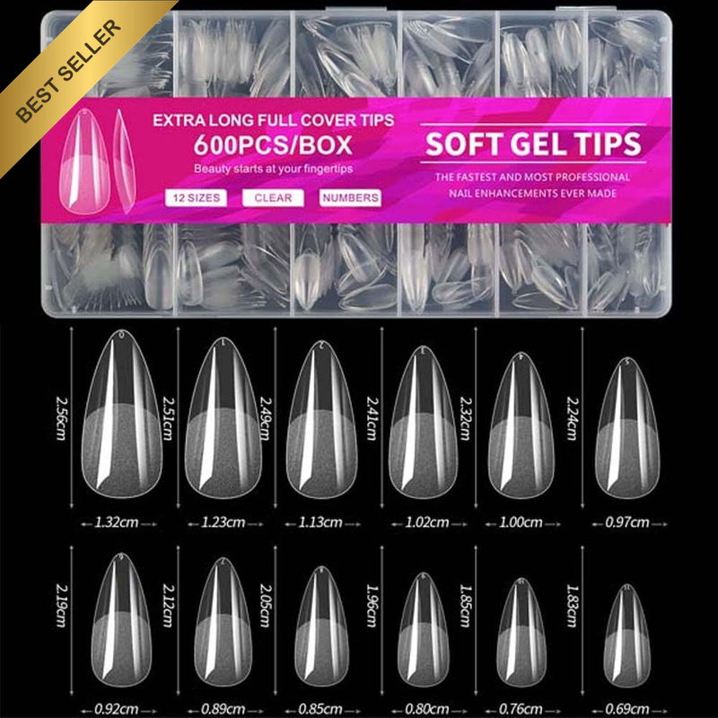 600PCS Nail Tips, Soft Gel Press on Nails, 12 Sizes (Medium, Almond)