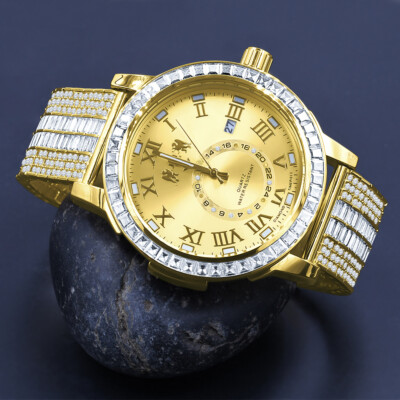 Genuine Diamonds 18K Yellow Gold Finish Men's Baguette Custom Band Luxury Watch