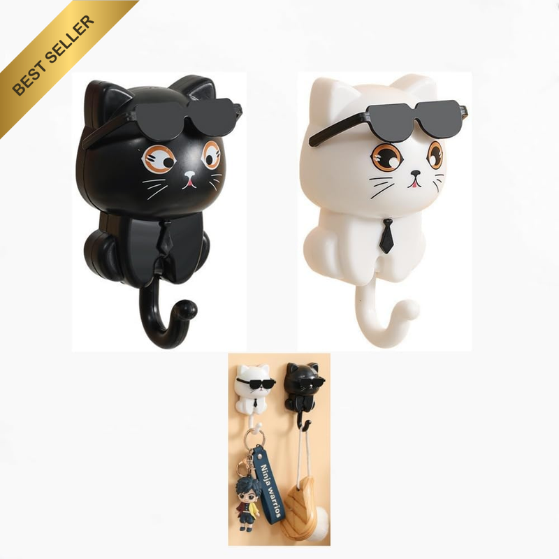 Cat Wall Key Holder, Self-Adhesive, 2-Pack, Black and White