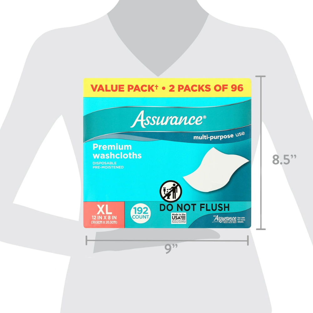 Assurance Premium Disposable Washcloths Pre-Moistened Body Wipes, XL, 192 Count