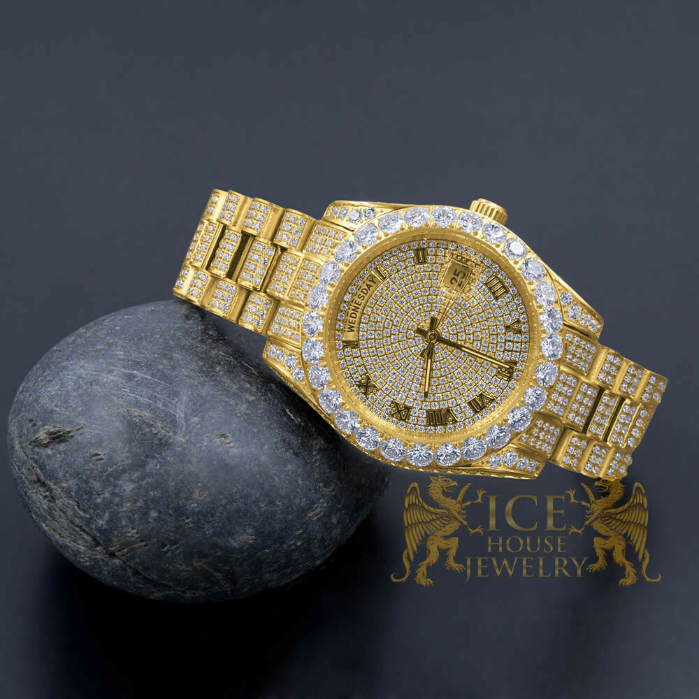Pre-owned Bling Master Solid Stainless Steel Solitaire Roman Dial 18k Yellow Gold Day & Date Men's 40mm