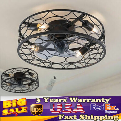 18'' Rustic Caged Ceiling Fan Light Farmhouse Flush Mount Chandelier with Remote