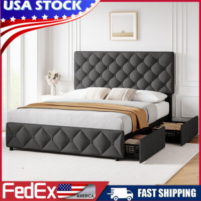 Full Queen Size Bed Frame with 4 Storage Drawer Adjustable Upholstered Headboard