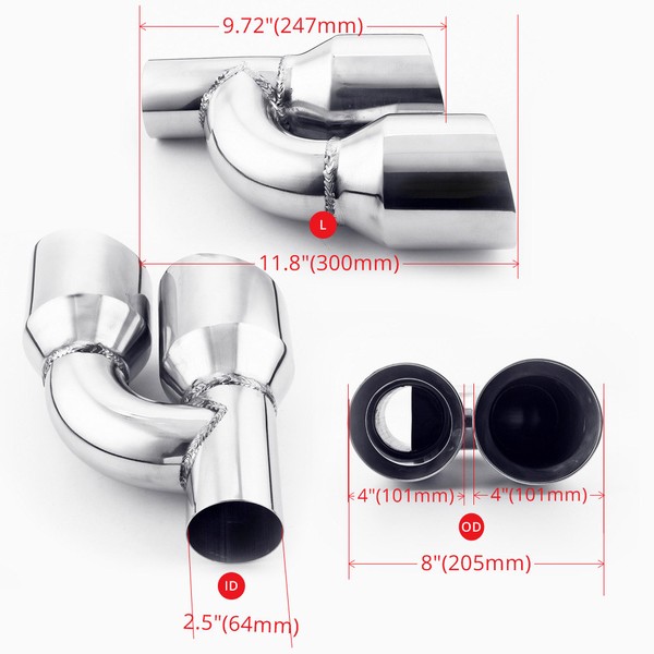 Pair Offset 2.5" In Quad 4" Out Dual Wall Exhaust Tips Stainless Steel