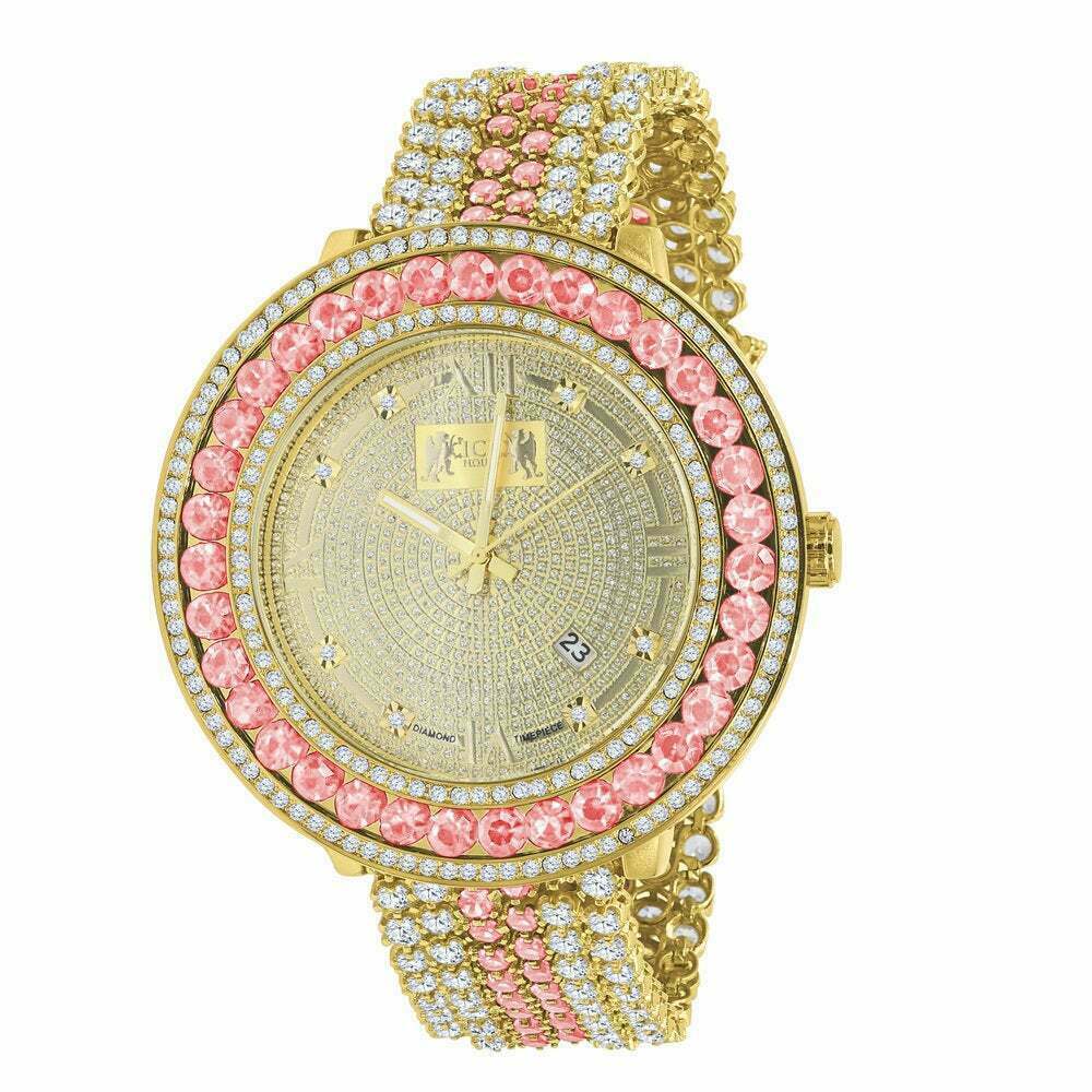 Pre-owned Ice House Men's Custom Big Face Xxl Multi Color Cz Band & Remove Able Bezel Wrist Watch