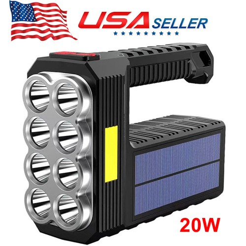 Super Bright 20W Solar LED Flashlight Tactical USB Rechargeable Torch Dual Light