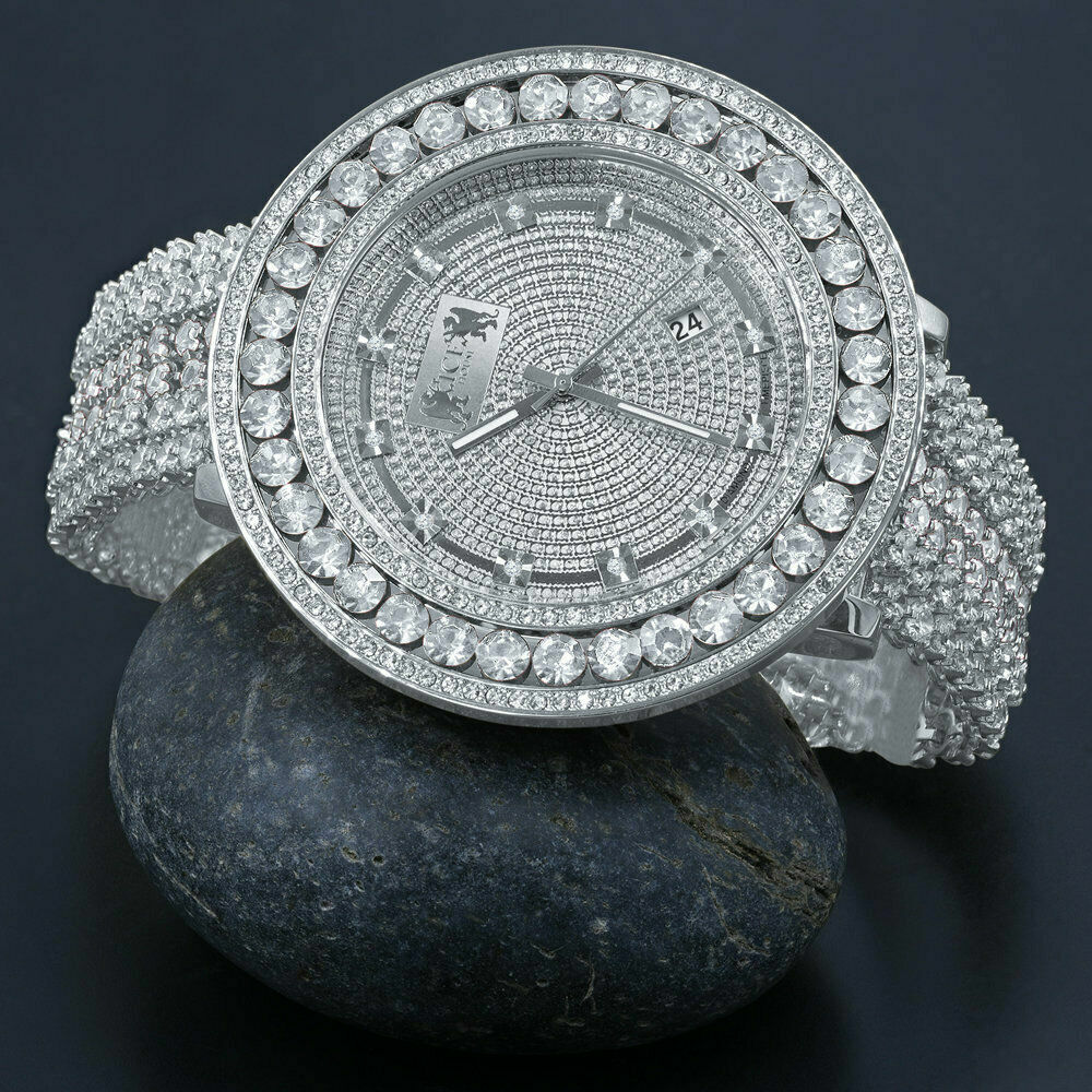 Pre-owned Ice House 18k White Gold Finish Men's Real Diamond Dial Watch Custom Band Full Illusion Xl