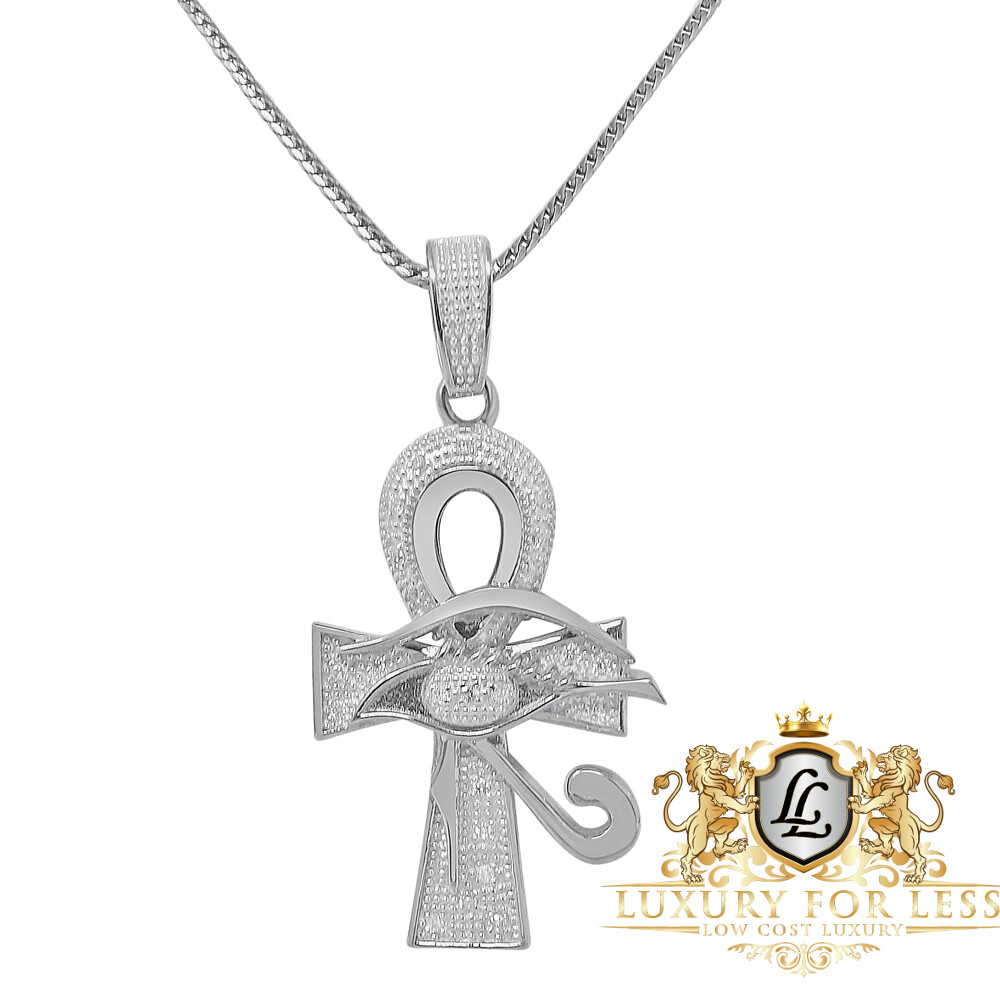 Pre-owned Us Diamond King Real Diamond 10k Gold Over Ankh Cross Eye Of Horus Pendent Charm Chain Set 2'' In White Gold Finish