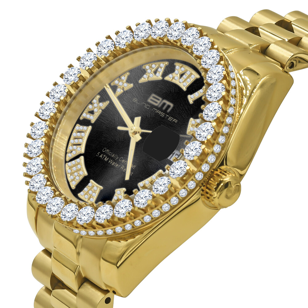 Pre-owned Bling Master Solid Steel Black Dial 18k Gold Simulated Diamonds Presidential 42mm Men's Watch