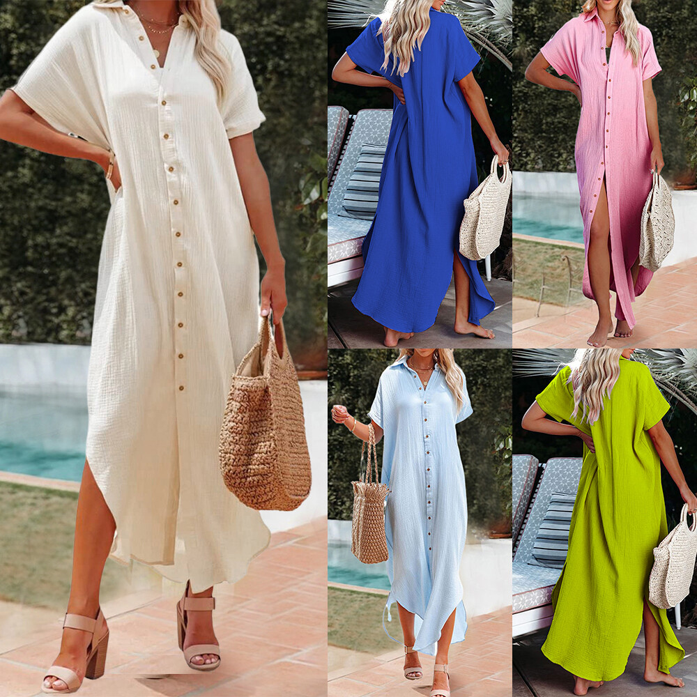 Womens Cotton Linen Maxi Shirt Dress 