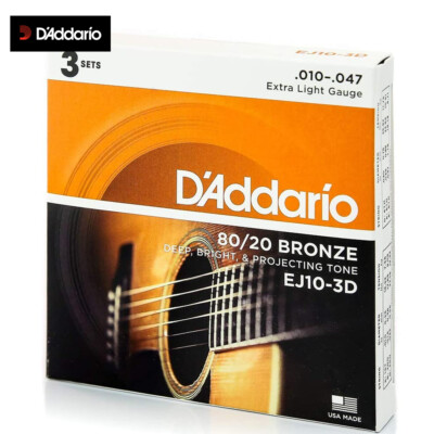 3-SETS D'Addario EJ10-3D 80/20 Bronze Acoustic Guitar Stings 10-47 Extra Light