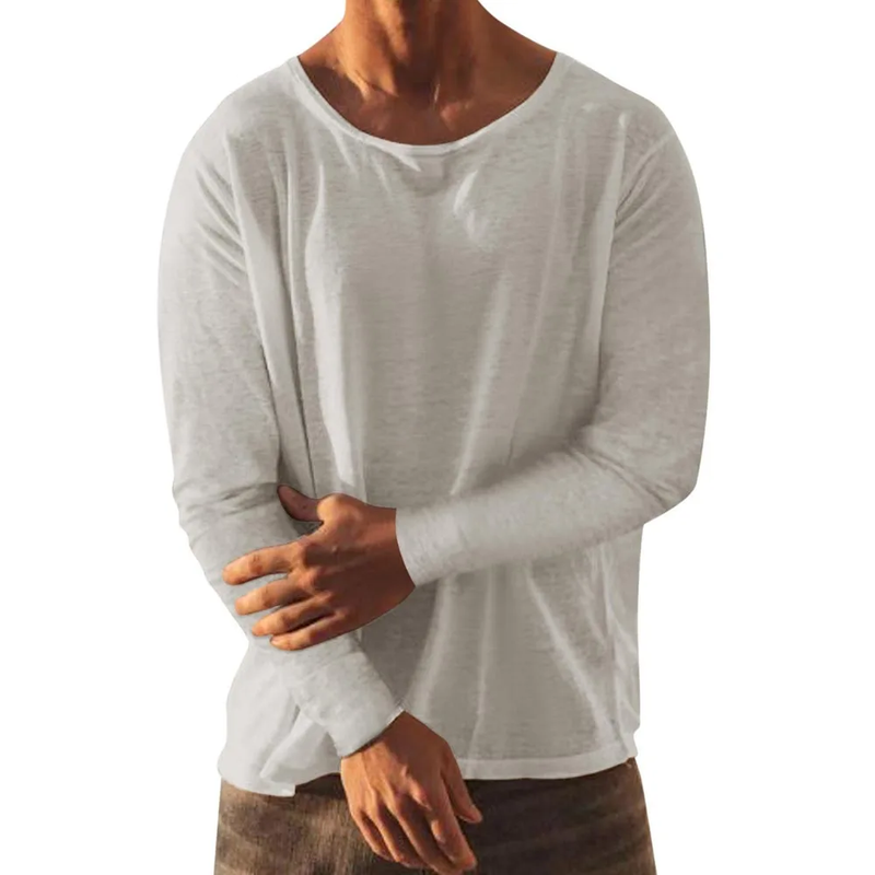 Men Long Sleeves Casual Linen T-Shirt  Men'S O-Neck Beach Thin Soft Pullovers