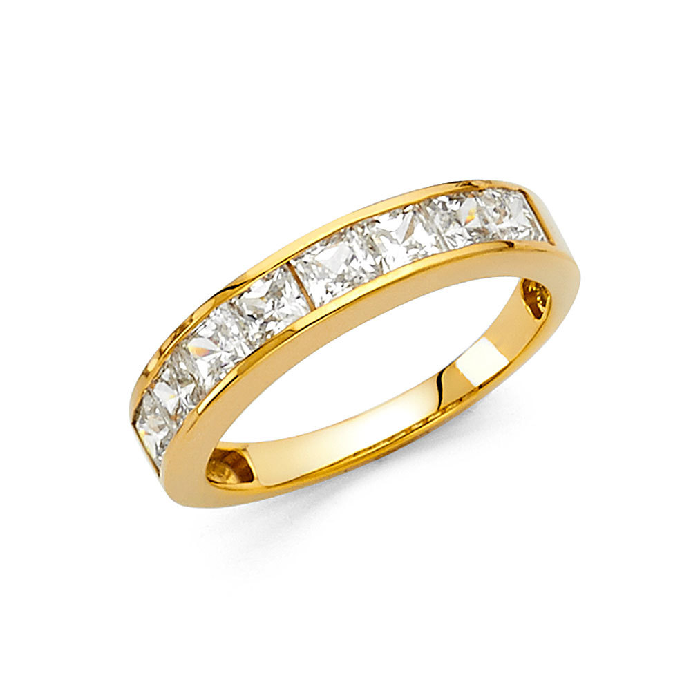 Золото 14 карат. Channel set princess cut diamond wedding band. кольцо золотое в огранке принцесса с фианитом.
