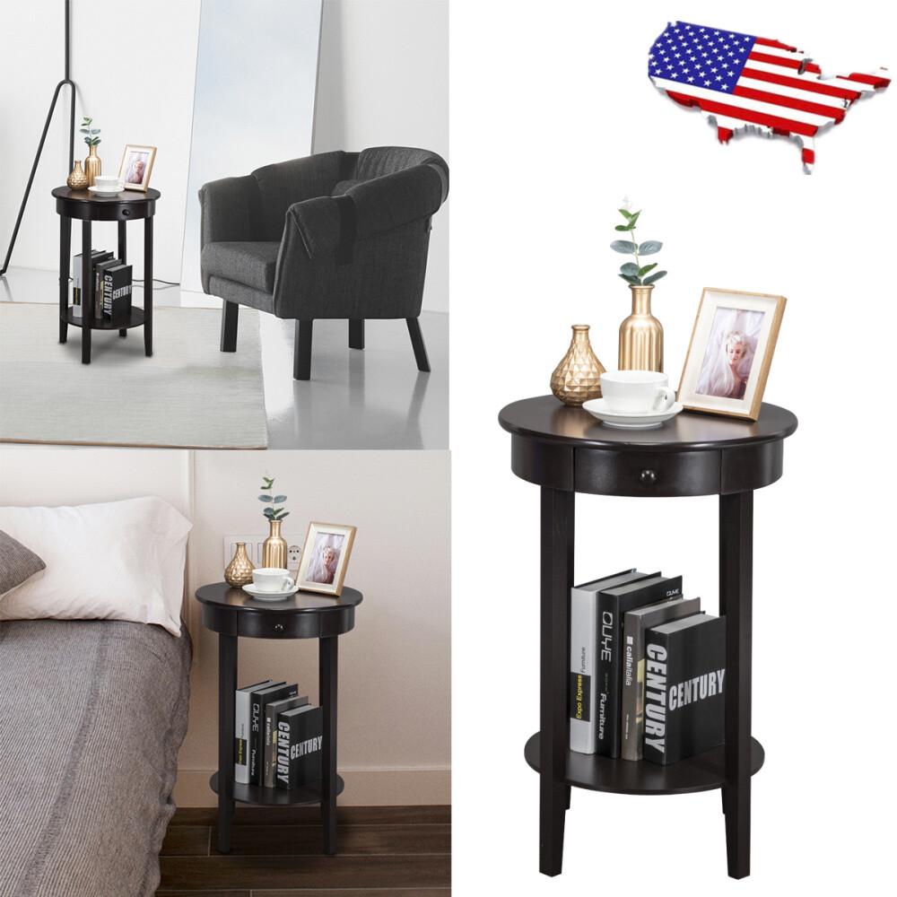 Modern Round Coffee Table Side End Table With Drawer Storage Shelf