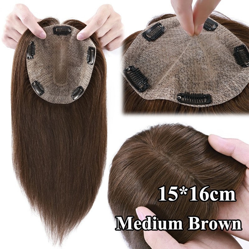 Premium 100% Human Hair Replacement Top Topper Toupee Clip in Hairpiece Wig US