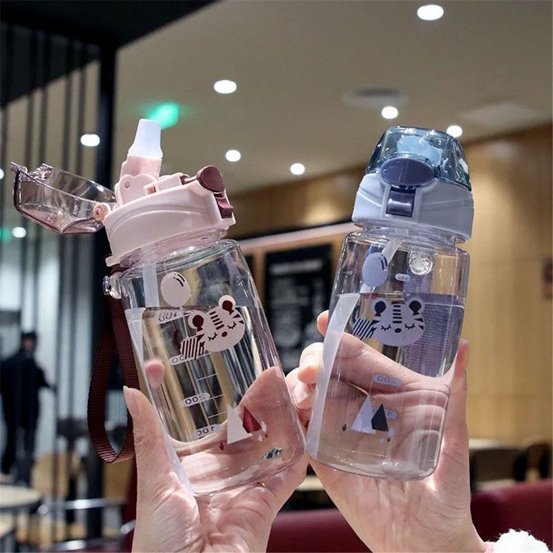 Travel Portable Cartoon Water Bottle Water Cup Straw Drinkware Cute Tiger