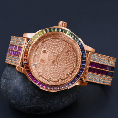 Pre-owned Ice House Rainbow Multi Tone Mens Watch Rose Gold Solid Steel Bezel Band Real Diamond Dial