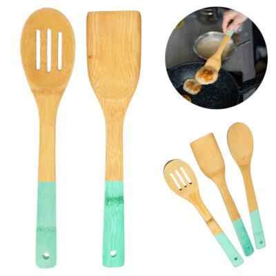 2 Bamboo Spoon Spatula Set Wooden Kitchen Cooking Mixing Tool Utensil Non Stick