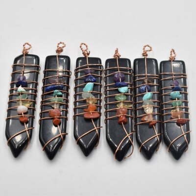 6pcs Natural Stone Black Obsidian 7 Chakra Pendants Sword Reiki Healing Amulet