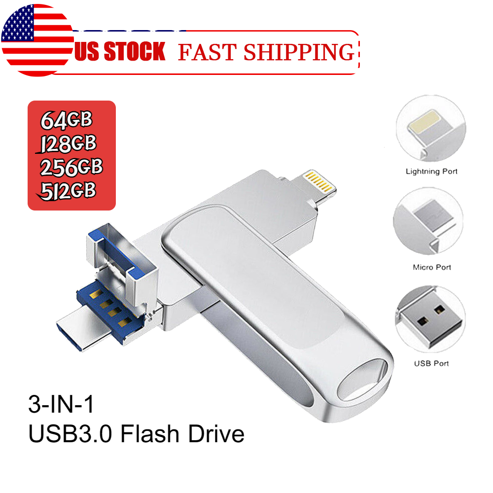 64GB 512GB 128GB 3 in1 USB 3.0 Flash Drive Memory Stick for iPhone iPad External