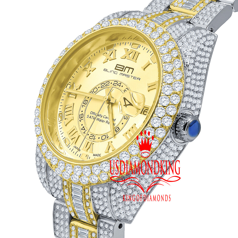 Pre-owned Bling Master Mens Full Stainless Steel 2 Tone Gold Finish Simulated Diamond Watch 42mm W/date