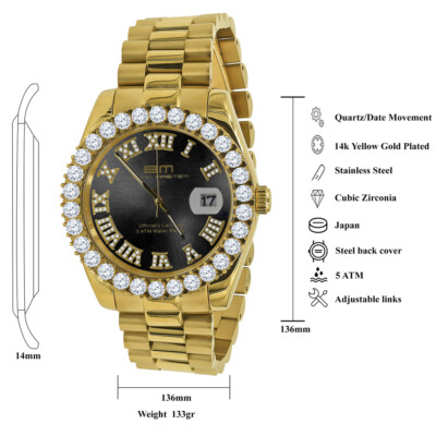 Pre-owned Bling Master Mens Solid Steel Black Dial 18k Gold Simulated Diamonds Presidential Watch 42mm