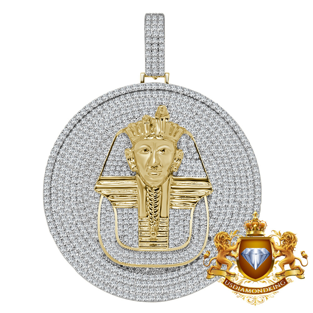 Pre-owned Us Diamond King Big 2.85 '' Real Sterling Silver Egyptian Queen Pharaoh Pendant Charm Medallion In Yellow/clear