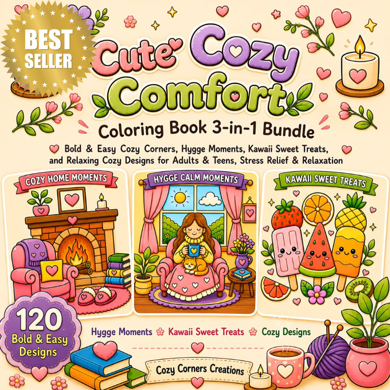 Cute Cozy Comfort Coloring Book 3-In-1 Bundle: Bold & Easy Cozy Corners, Hygge M