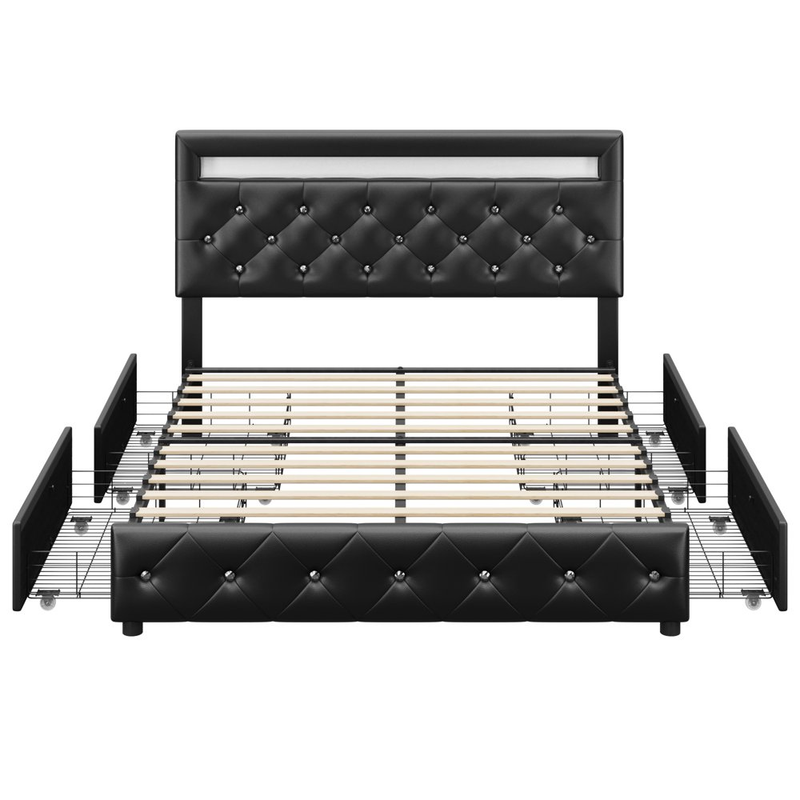 Upholstered Platform Bed Frame Full LED Storage Drawer Crystal Button Headboard