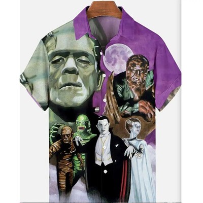 Vampire Frankenstein Bride Wolfman Halloween Hawaiian Buttoned Shirt Lapel Top_y