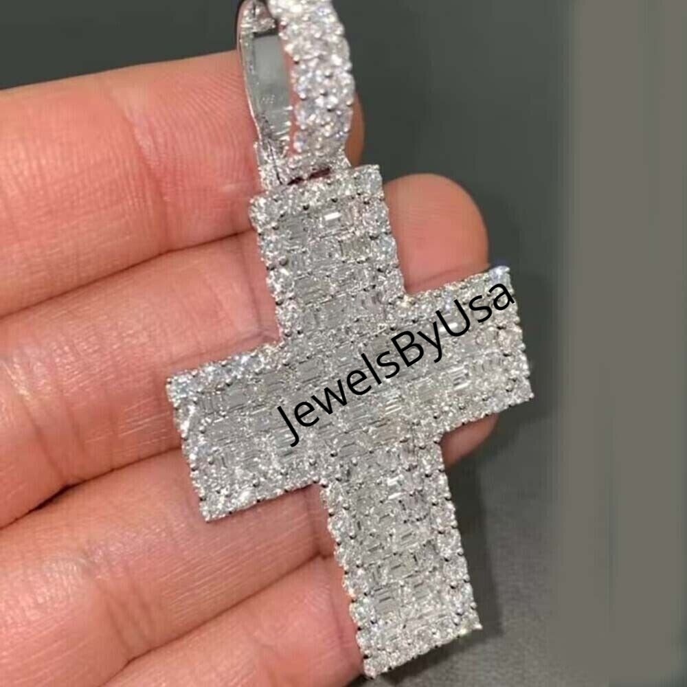 Pre-owned Nsg Men's Studded Cross Pendant 3.50ct Baguette Moissanite White Gold Plated Silver