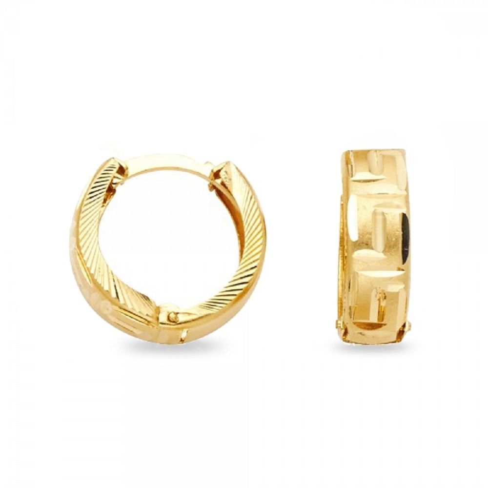 14k Yellow Gold Fancy Huggie Hoop Earrings Round Greek Diamond Cut