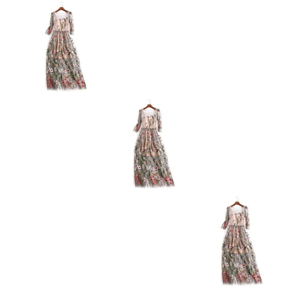 MARKENLOS FRAUEN LANGES BLUMEN-BESTICKTES KLEID HALBARM-TÜLLKLEID ELEGANTES, SCHMALES