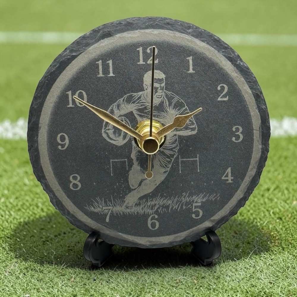 Handmade Grey Slate Rugby Desk Clock 90mm Silent Quartz Tabletop Sports Gift